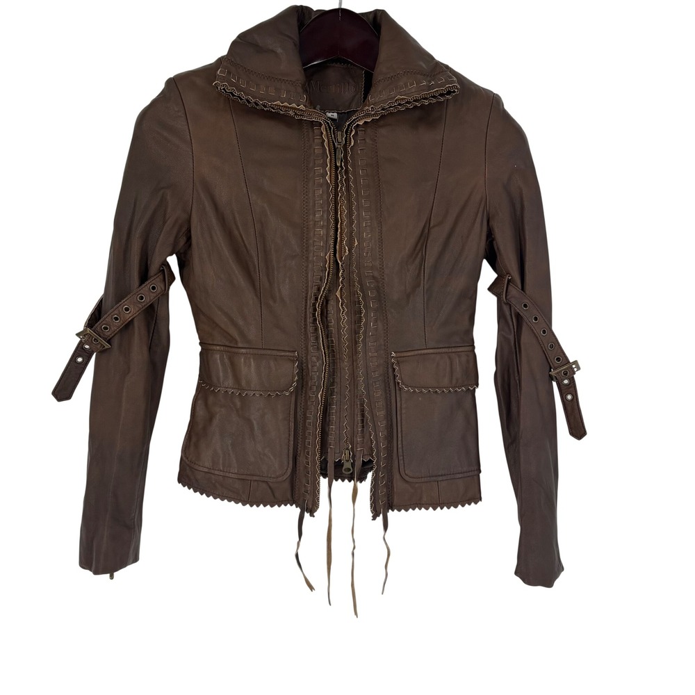 Y2K Mertillo Leather Jacket Womens Size M Whipstitch Buckle Sleeve Moto Boho